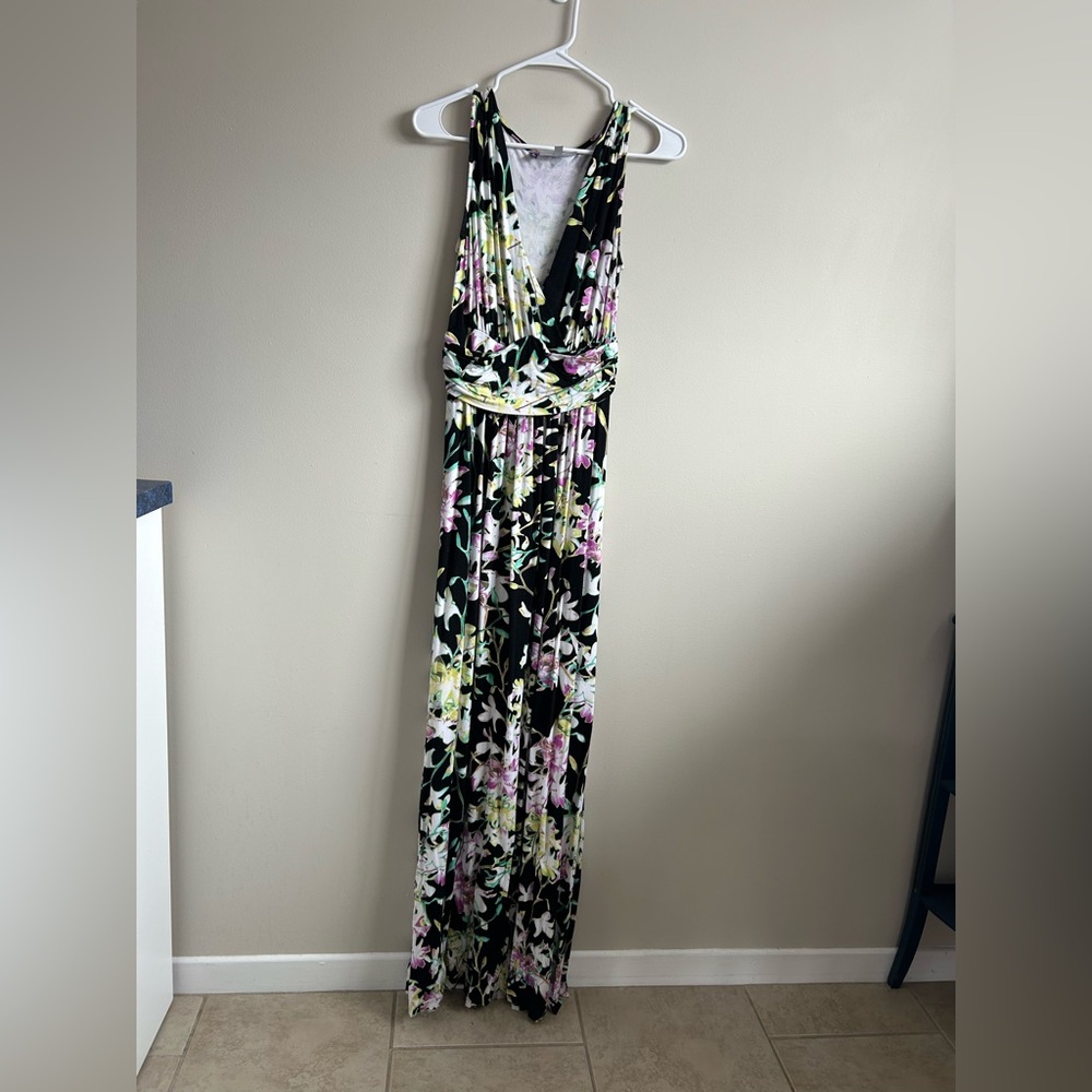 Jennifer Lopez Black Floral Maxi Dress with Pink & Yellow Blooms